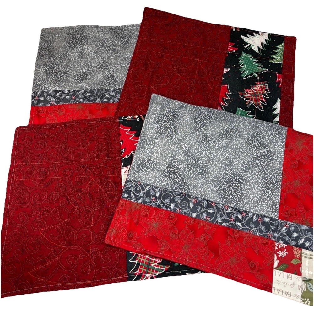 Handmade Quilted Christmas Placemats Set of 4 Red Grey Holiday Patchwork Decor